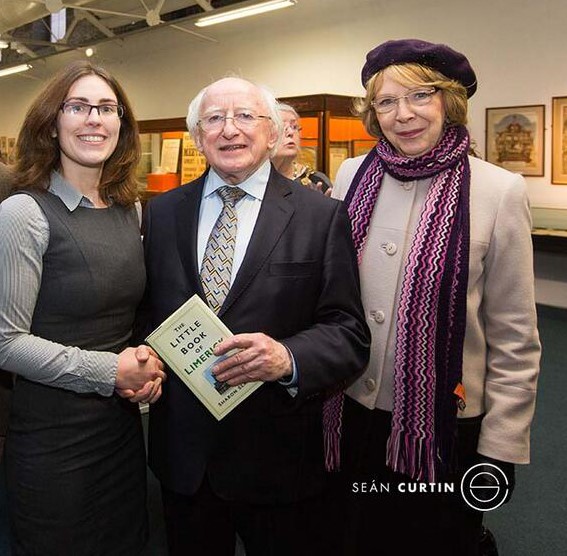 PRESIDENT OF IRELAND MICHAEL D HIGGINS RECEIVING A COPY OF THE LITTLE BOOK OF LIMERICK, 2014. Image by Sean Curtin